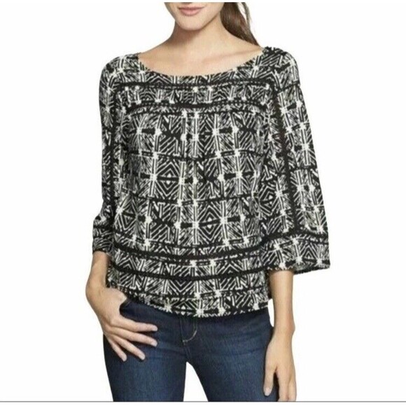 Lucky Brand Top Size L Black Tan Geometric Boho Peasant Top Blouse - Picture 1 of 7